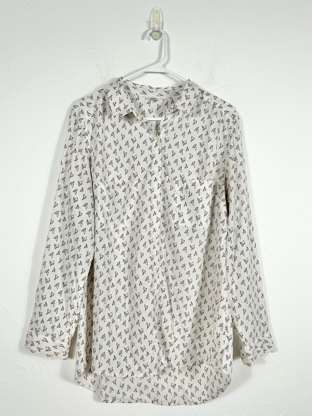 Pimkie White Origami Bird Print Long Sleeve Button Down Shirt
